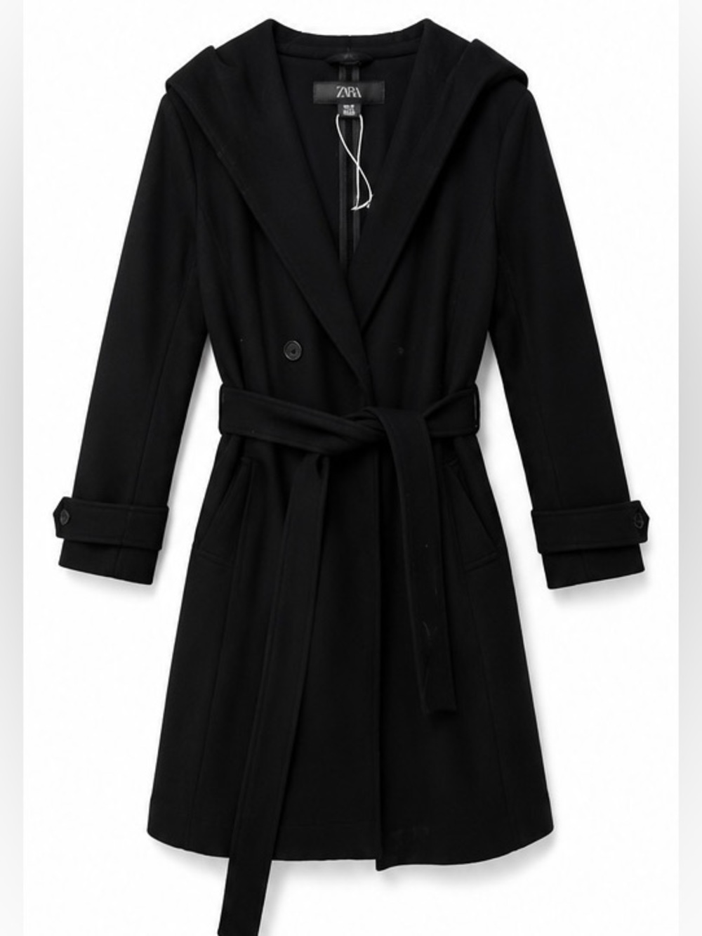 ZARA Black Hooded Belted Wrap Coat Size L